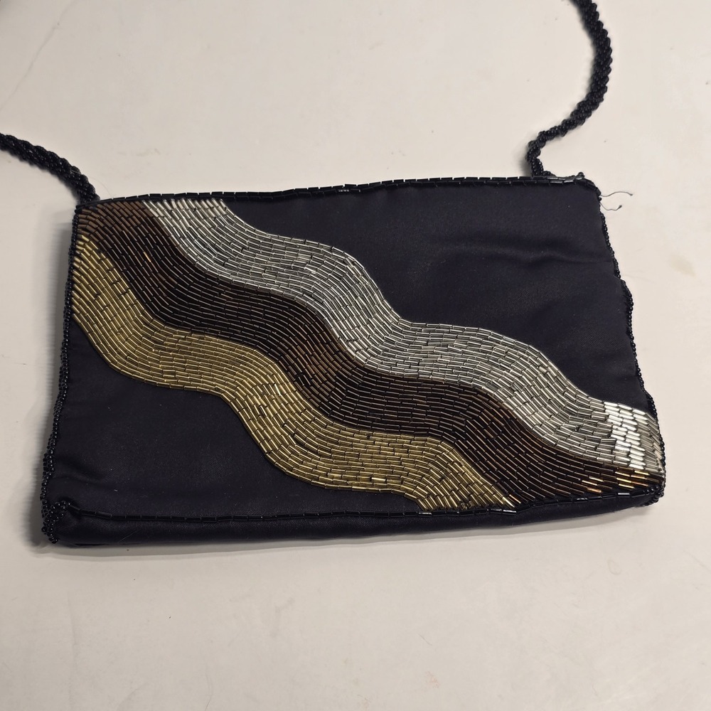Clovis Ruffin Black Beaded‎ Clutch Purse Evening Bag Woven Wave Design